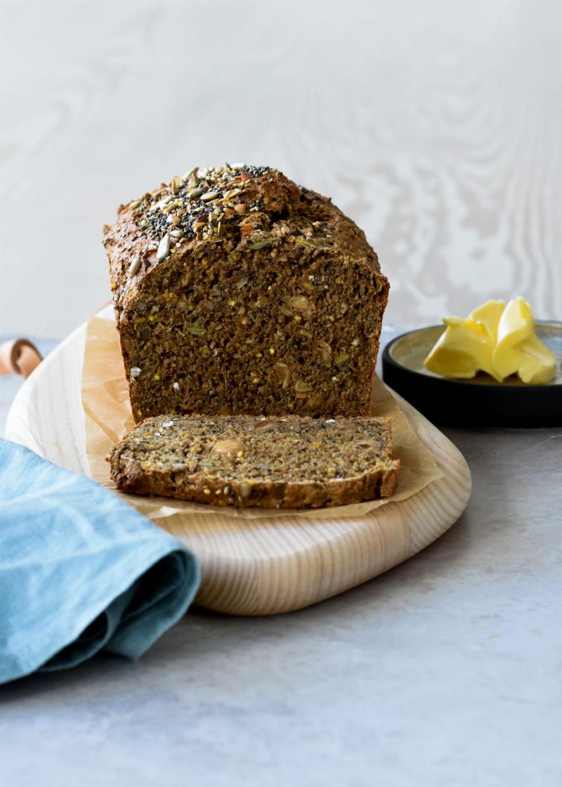 A freshly baked loaf of bread made with heritage grains.