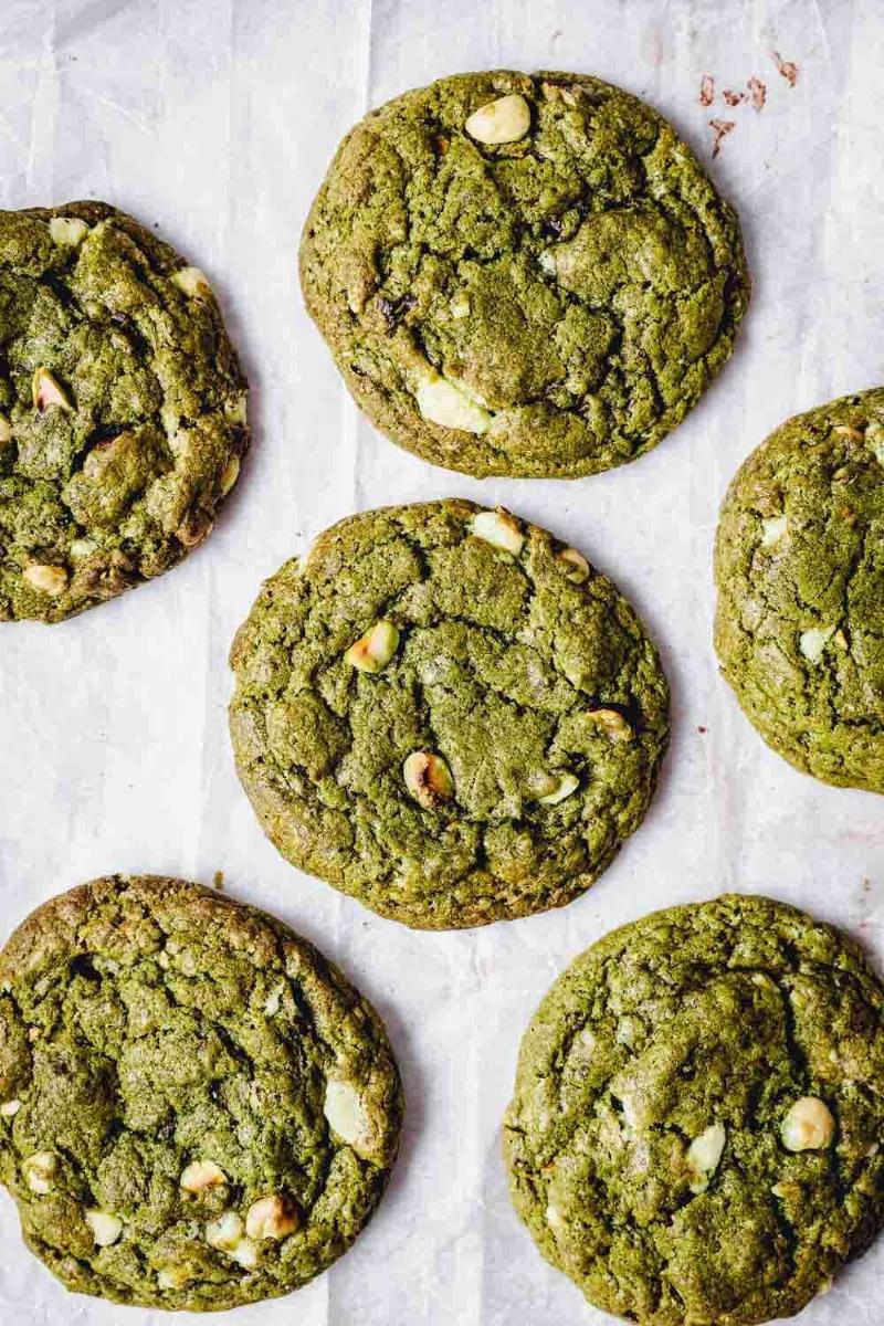 Vegan Matcha Cookies Baking on a Tray in the Oven