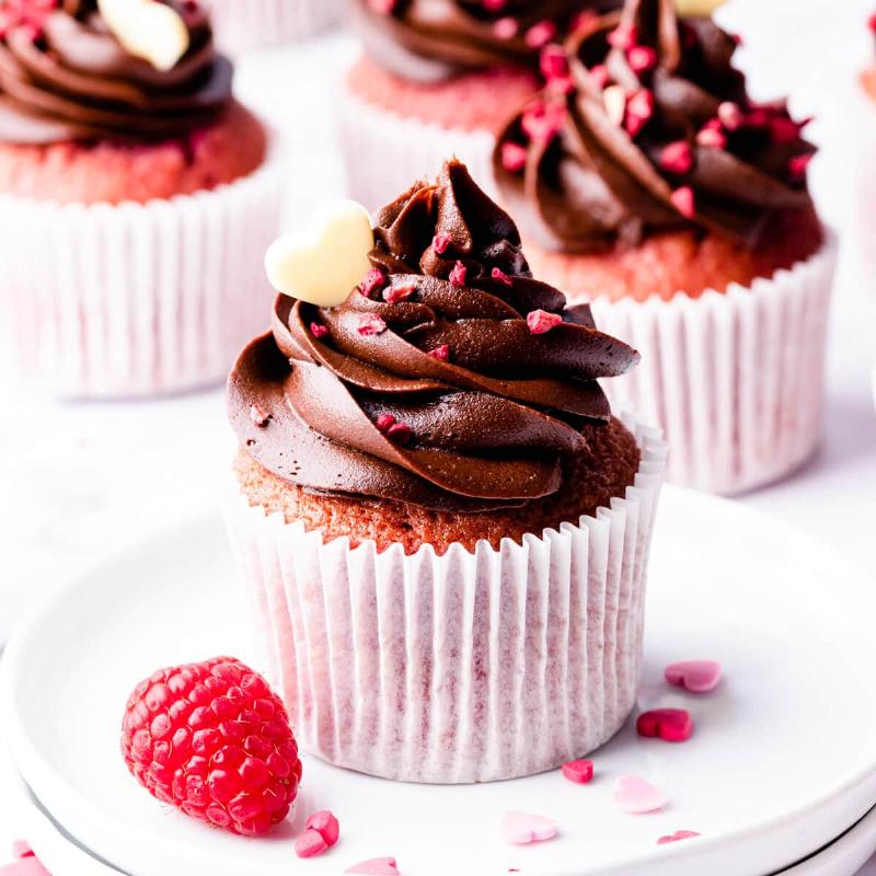 Mixing chocolate cupcake batter for raspberry cupcakes