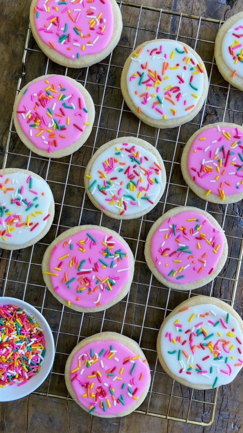 Decorated sugar cookies with various frostings and sprinkles