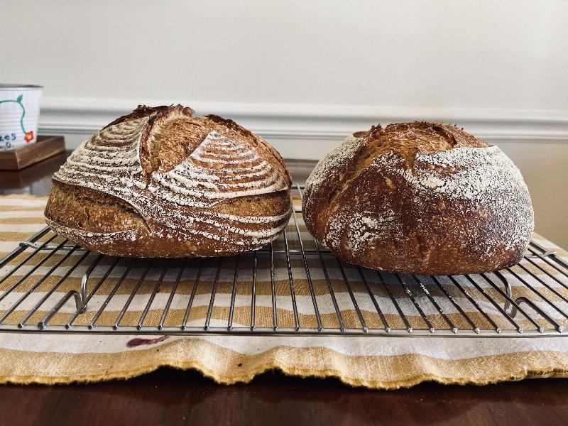 Sliced einkorn sourdough bread revealing the open crumb structure