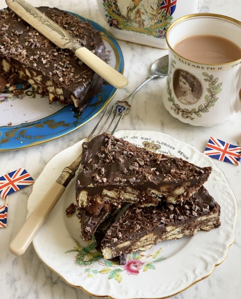 Enjoying a Slice of Chocolate Cake