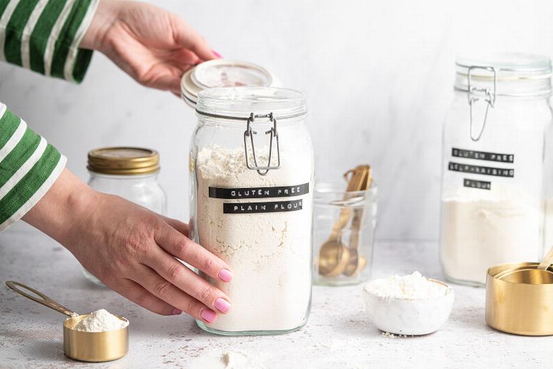 Gluten-free flour blend in a glass bowl