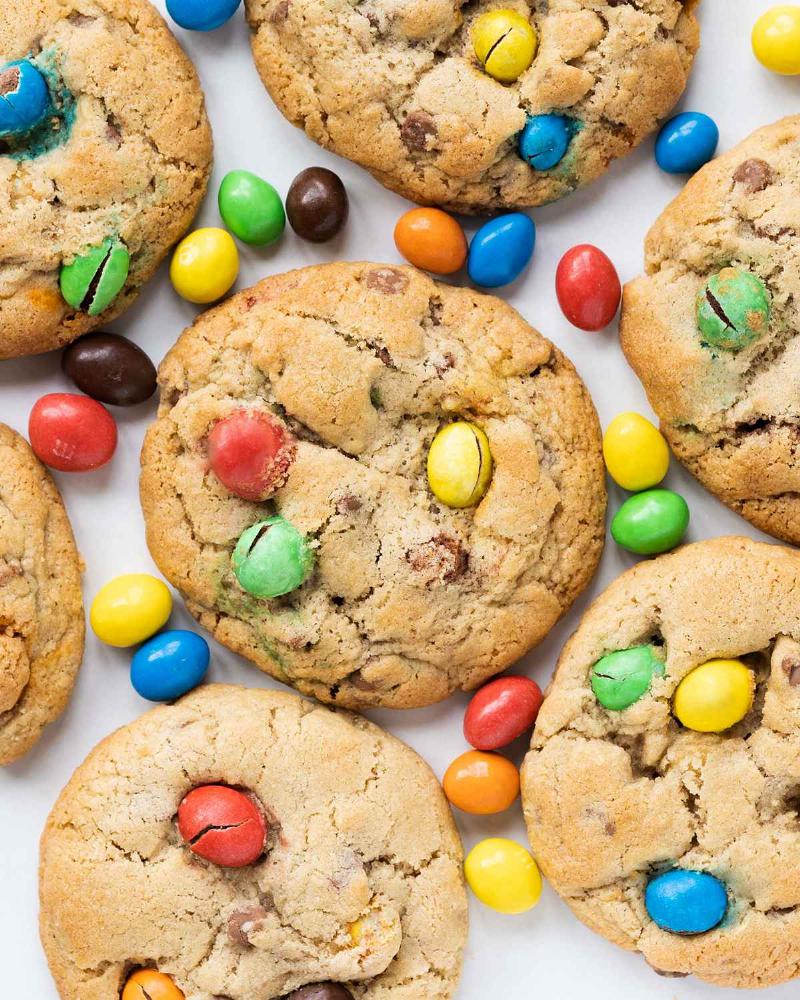 Freshly Baked M&M Cookies Cooling on a Rack