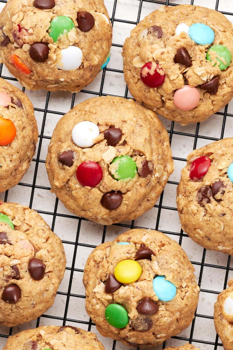 Monster eye cookies with colorful candy coatings and mini chocolate chips.