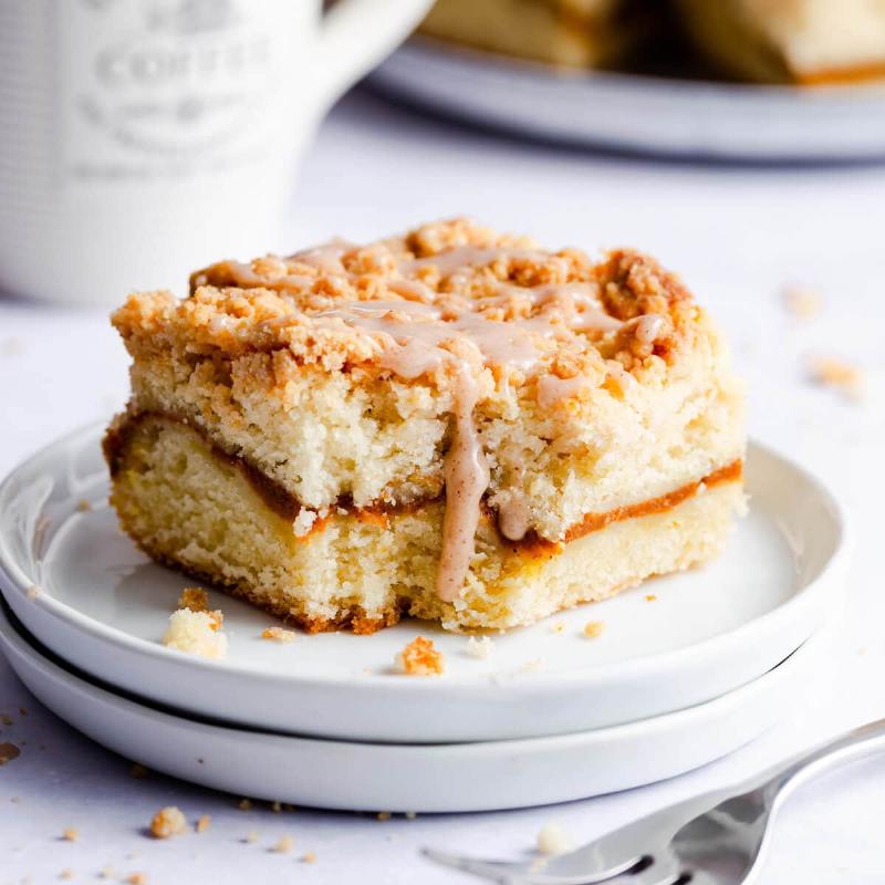 Close-up of a perfect coffee cake crumb, showing its moist and tender texture.