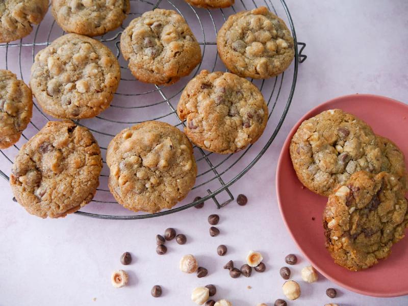 Perfectly Baked Chocolate Hazelnut Cookies on Cooling Rack