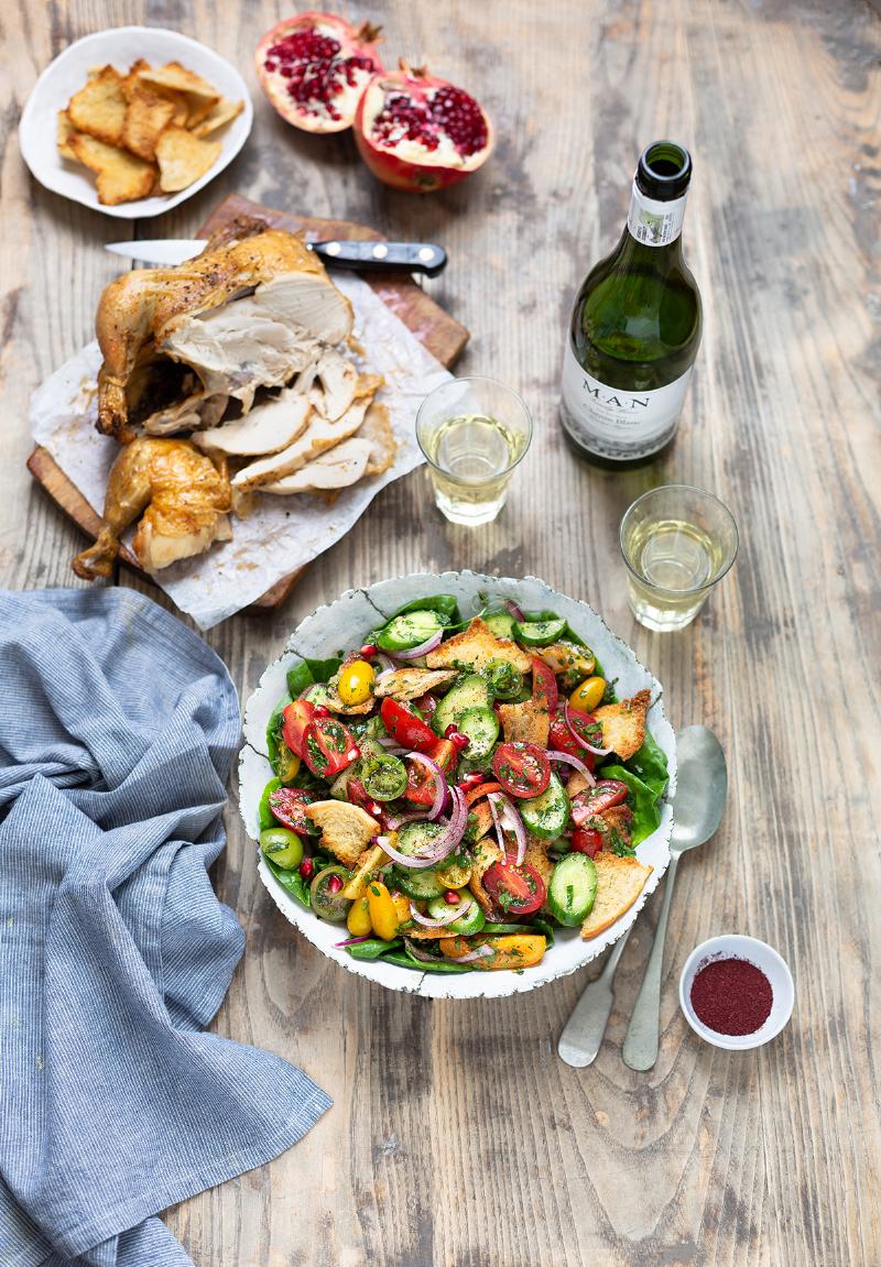 Serving Pitta Bread with Dips and Salad