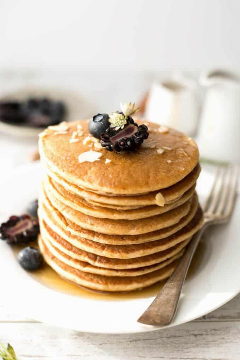 Fluffy Sourdough Pancakes with Berries and Syrup