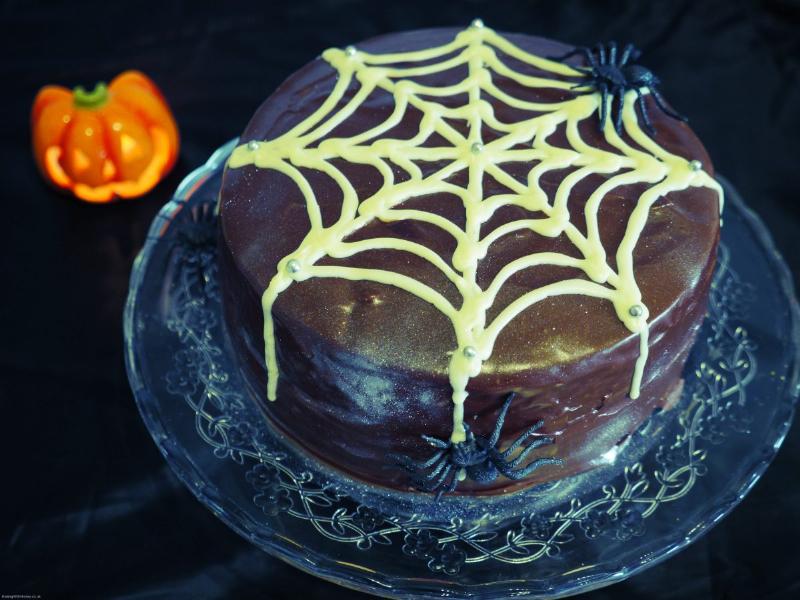 Dark chocolate spiderweb cookies with a white chocolate drizzle.