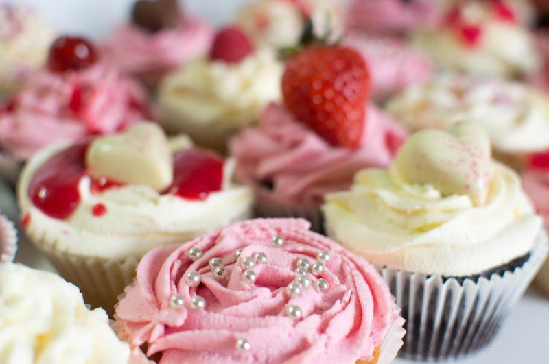 Variety of Valentine's Day Cupcakes with Different Frostings and Decorations